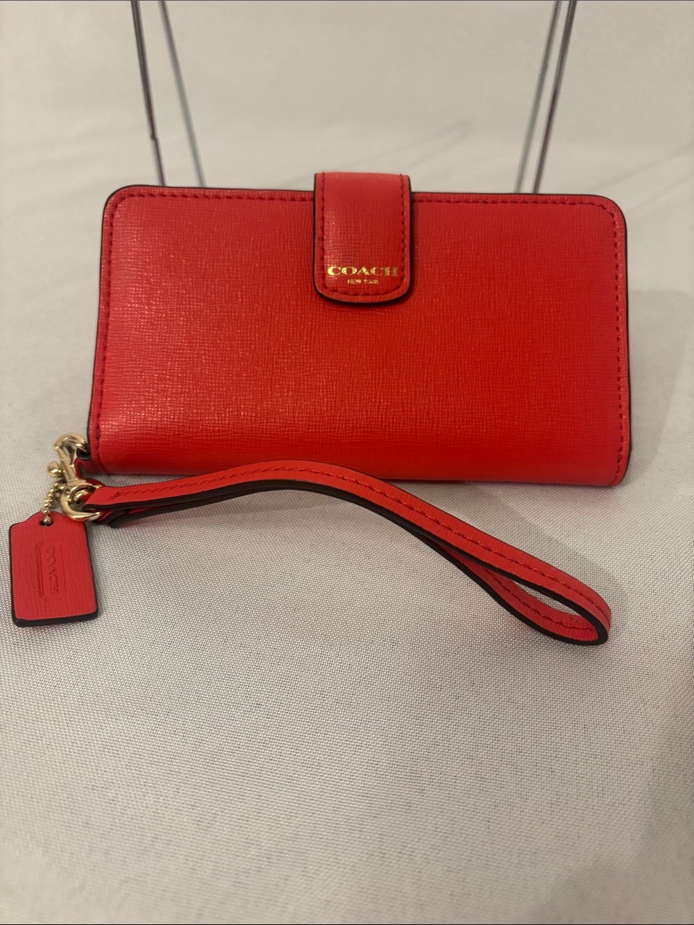 Coach Coral Leather Card Holder and Wristlet Clutch with Gold Hardware